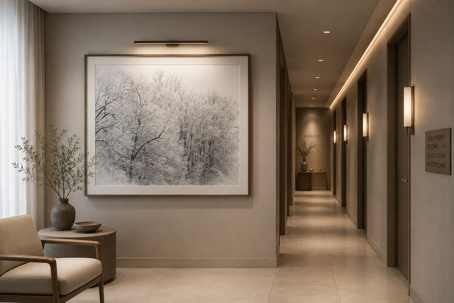 Winter dawn monochrome artwork in hospitality or healthcare corridor mockup by Dan Sproul